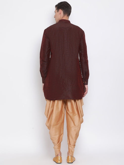 Vastramay Men's Burgundy Silk Blend Curved Kurta Dhoti Set